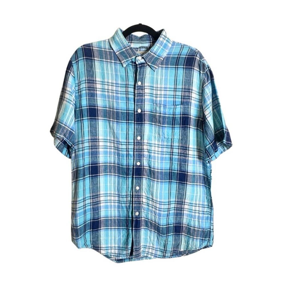 L.L. Bean Mens 100% Linen Slightly Fitted Button-up M Blue Plaid Classic Outdoor